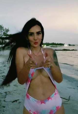 Luscious Adriana Valcárcel in Floral Swimsuit at the Beach (Side Boob)