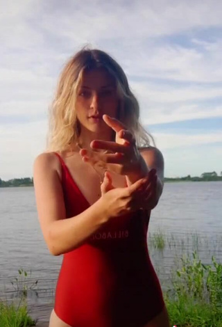 5. Sexy Katerine Krause in Red Swimsuit at the Beach