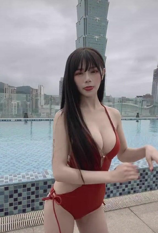 2. Sultry c.0214 Shows Cleavage in Red Swimsuit and Bouncing Boobs