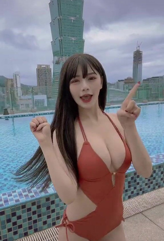 6. Luscious c.0214 Shows Cleavage in Red Swimsuit at the Swimming Pool and Bouncing Boobs