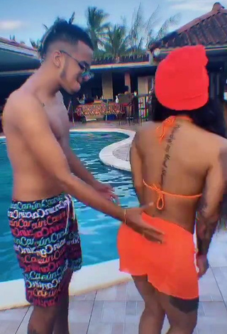 4. Hot Anyuri Lozano in Electric Orange Bikini Top at the Swimming Pool