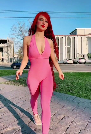 Sexy Bella Dueñas Shows Cleavage in Pink Overall in a Street