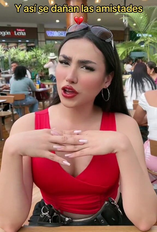 Cute Mirandah Shows Cleavage in Red Crop Top