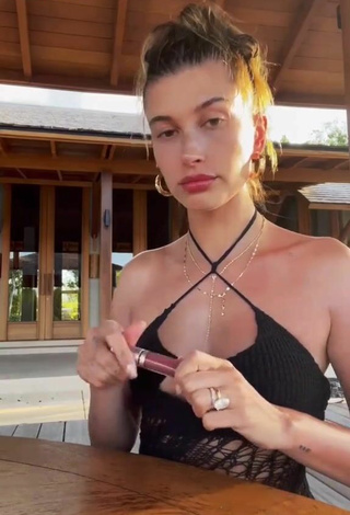 Sultry Hailey Bieber Shows Cleavage in Black Top